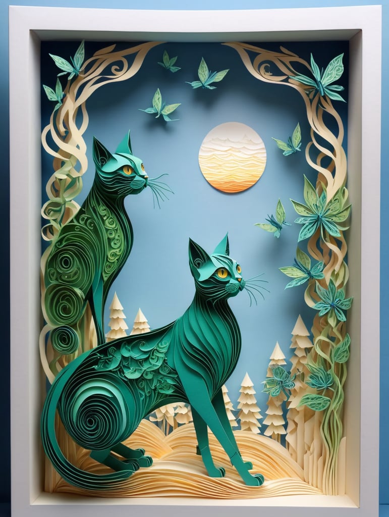 Green cats with very long, thin legs. Painted in the style of Salvador Dali. Blue sky.