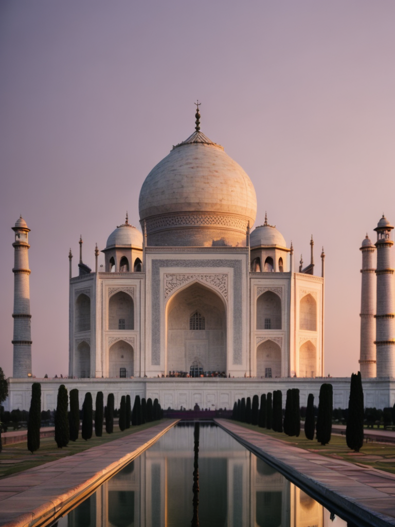 Taj Mahal, pink purple sunset,