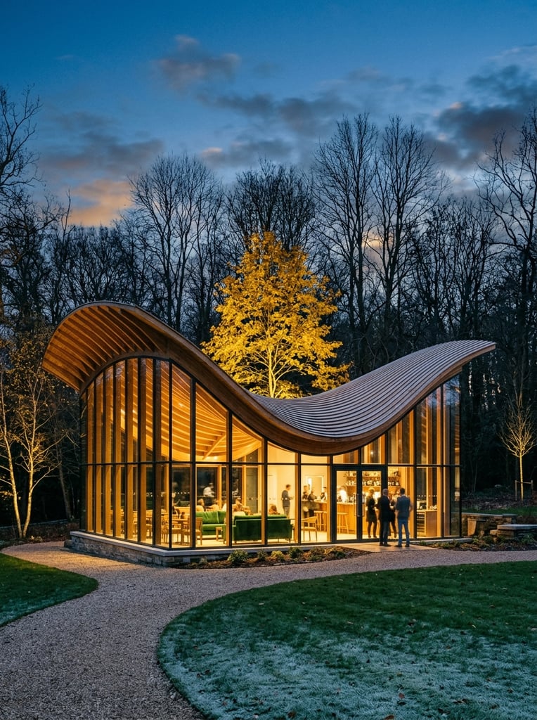 A modern glass pavilion with an undulating, saddle-shaped timber roof glows warmly at twilight against a backdrop of bare trees. The single-story structure features floor-to-ceiling glass walls divided by dark vertical mullions, revealing an illuminated interior with green sofas and a few occupants. The dramatic slatted wood roofline dips sharply in the center, framing a brightly lit yellow tree behind it. The building rests on a circular gravel path bordered by a manicured lawn in the foreground. A dense silhouette of tall trees spans the background beneath a deep blue evening sky. The architectural photography employs a wide-angle perspective, contrasting the warm golden interior light against the cool ambient twilight to emphasize the organic geometry of the design.