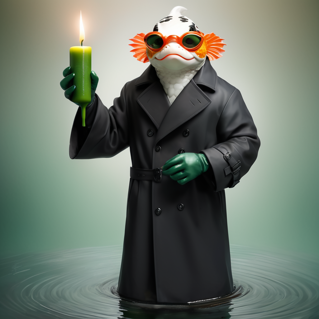 A realistic Koi fish wearing black glasses and a black trench coat using its koi fish arms to open the trench coat to reveal a realistic tall, thin, green candle growing from its crotch