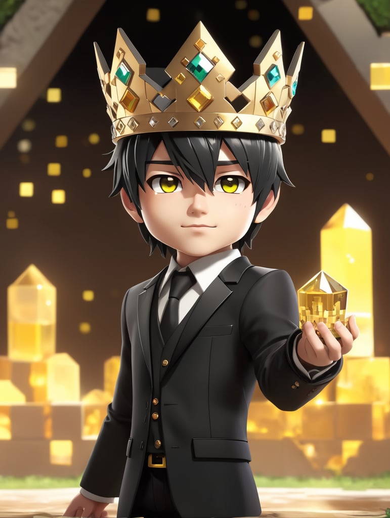 Cute anime boy with crown,black suit, minecraft background, yellowish eye,with glass in hand