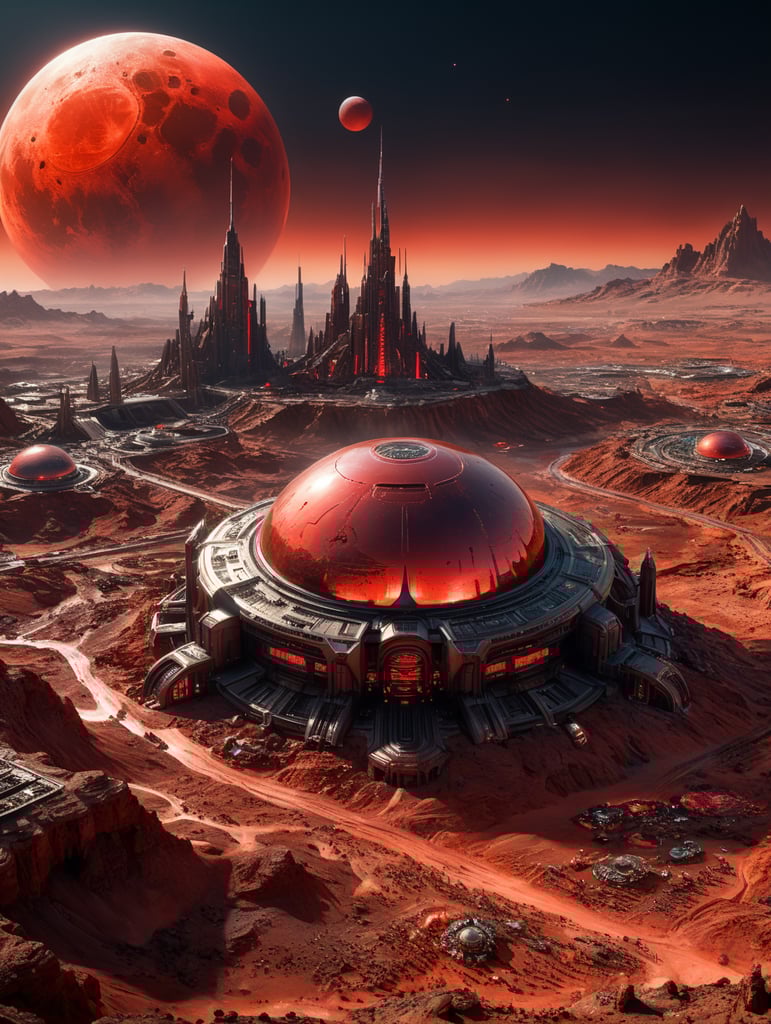 glass alien city on planet Mars, setting red moon, terminator movie style