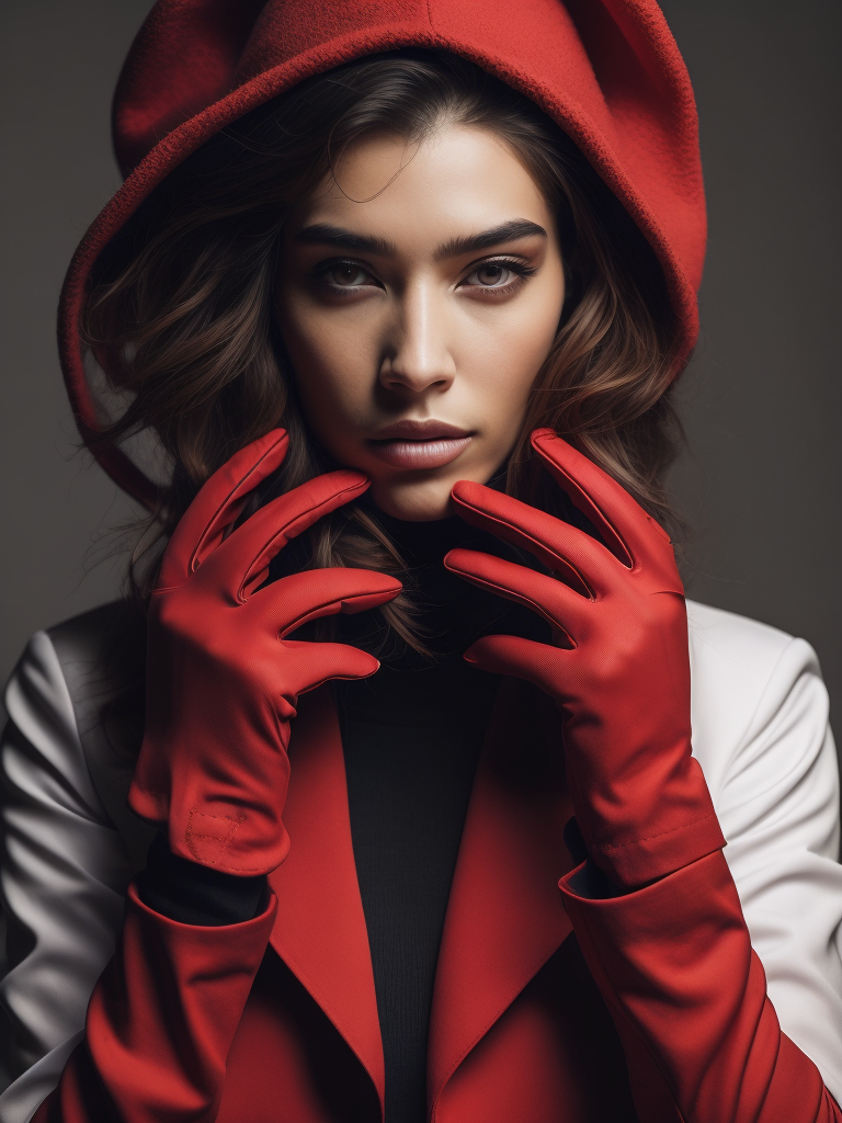 minimalist raw photo, a beautiful person in red gloves holding her face, peeking out, into the glove, in the style of mario testino, jim lee, moody, symmetrical composition, abdel hadi al gazzar, exaggerated facial features, feminine beauty, photo, mischievous feline motif, 16k, lumen