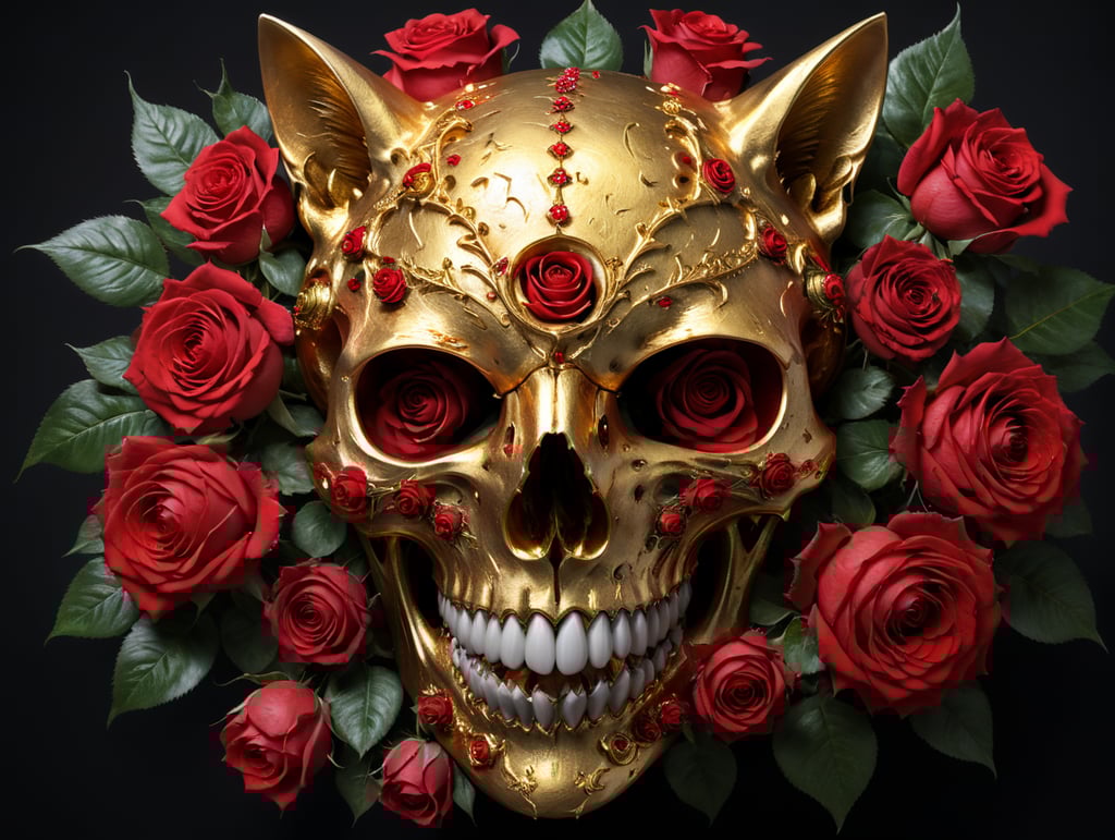 a gold cat's skull is surrounded by red roses