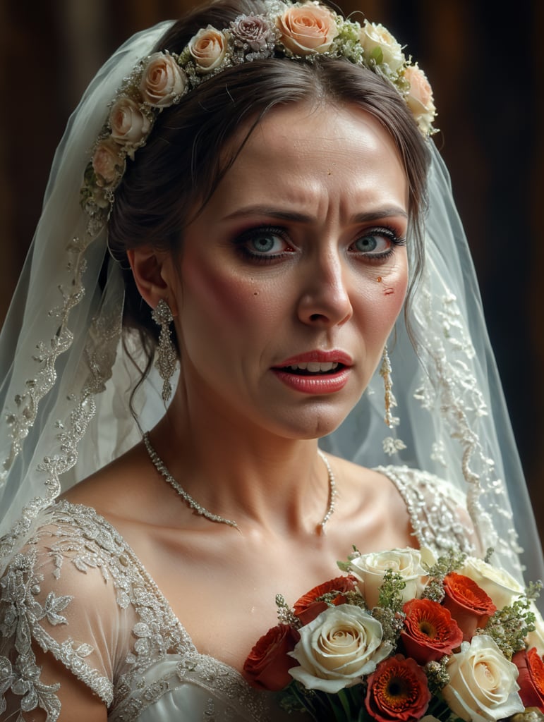 n ugly crying bride shot from 3 4 profile, holding a beautiful bouquet. She has an asymetric face, droopy eyes, very dry hair and a crooked nose