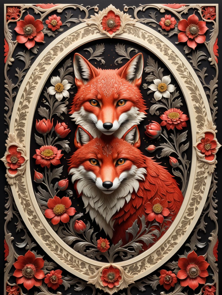duochrome ink red on cream letterpress print of folk fox and flowers ornate frame design, empty space in middle for text, in the style of william morris