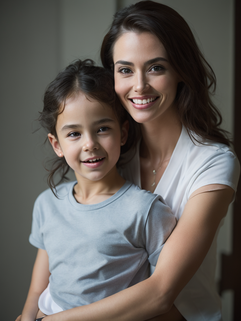 Woman wearing White T-Shirt, Smiling While Her Daughter Hugs Her