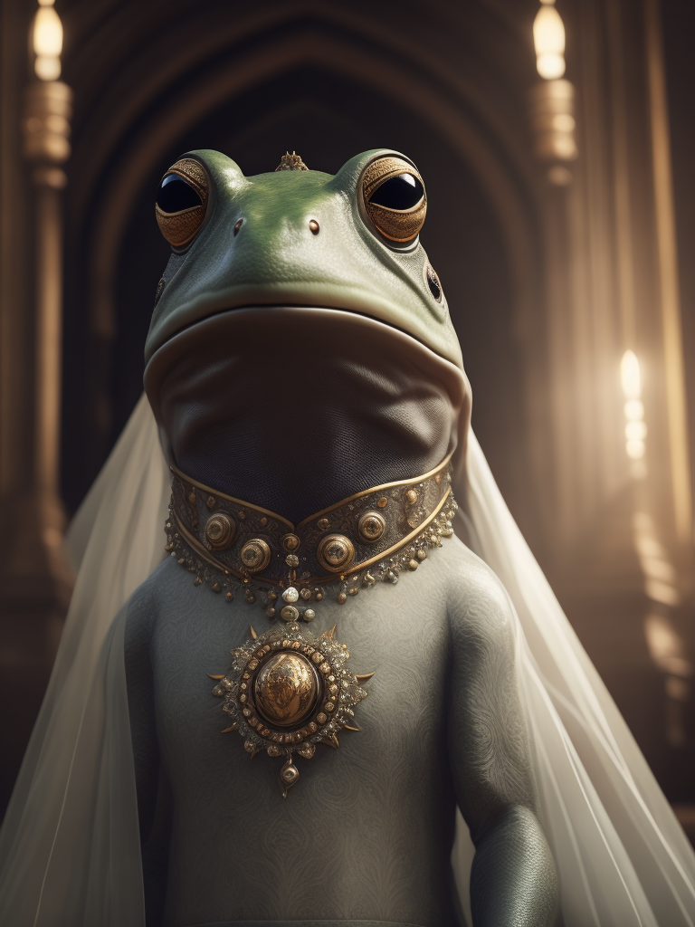 A frog that looks like Cher standing at the altar in a wedding dress with a veil