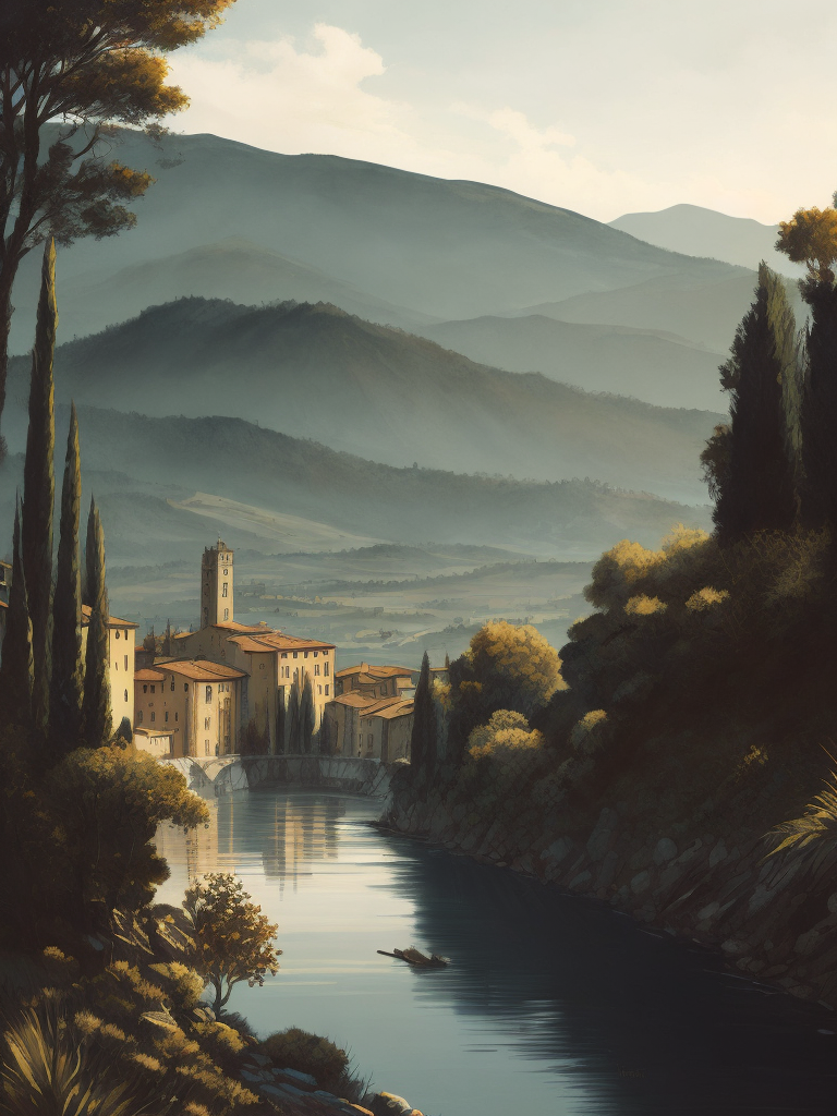 Italian landscape tuscany, photorealistic, serene, peaceful, majestic, high detail, landscape, ultra hd, matte painting, highly detailed, concept art, contrast light, deep colors