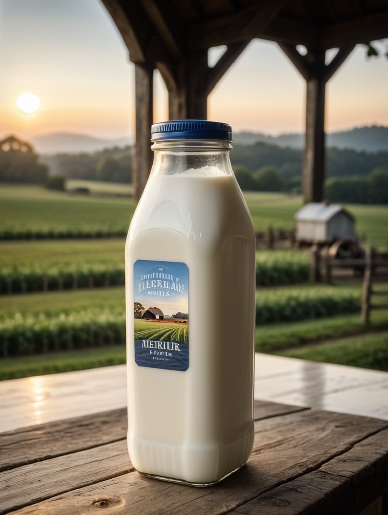 A mockup of a square bottle of milk, early morning, farm blurred background