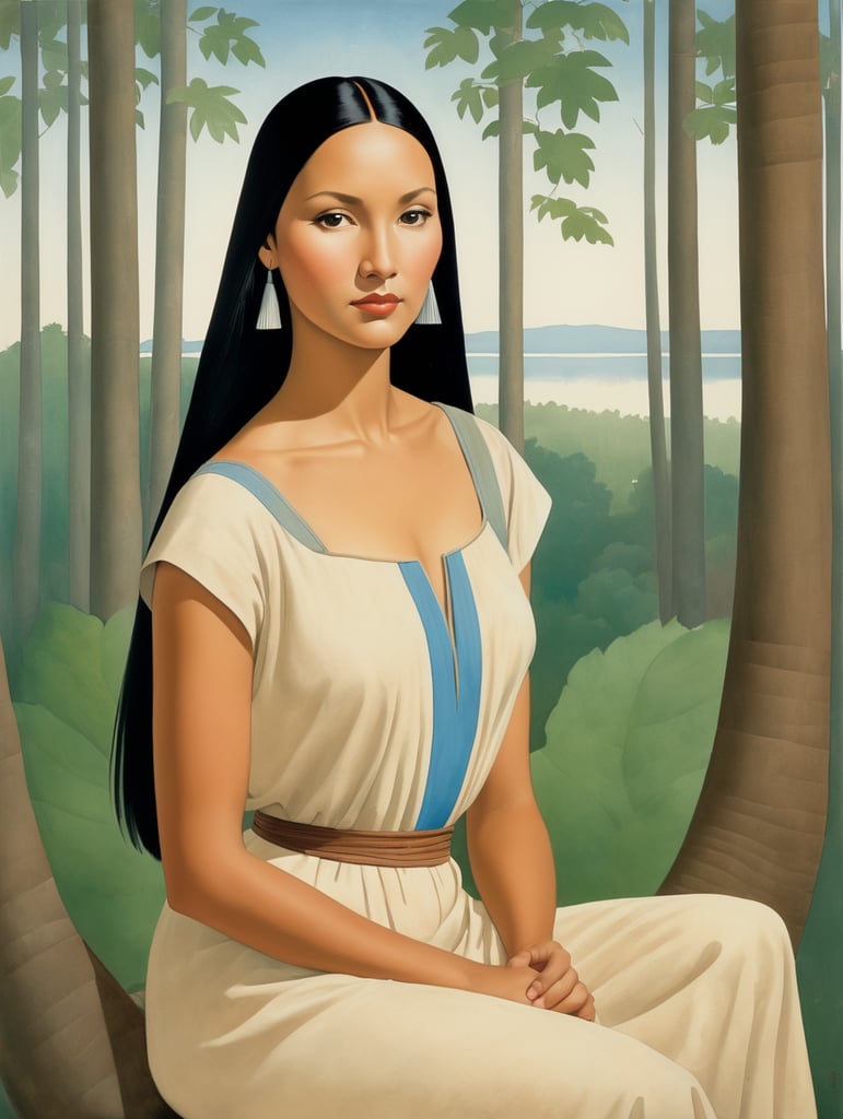 Pocahontas, 0Il lustration, Painting, Oil, Watercolor, Portrait, USA, style of Will Barnet