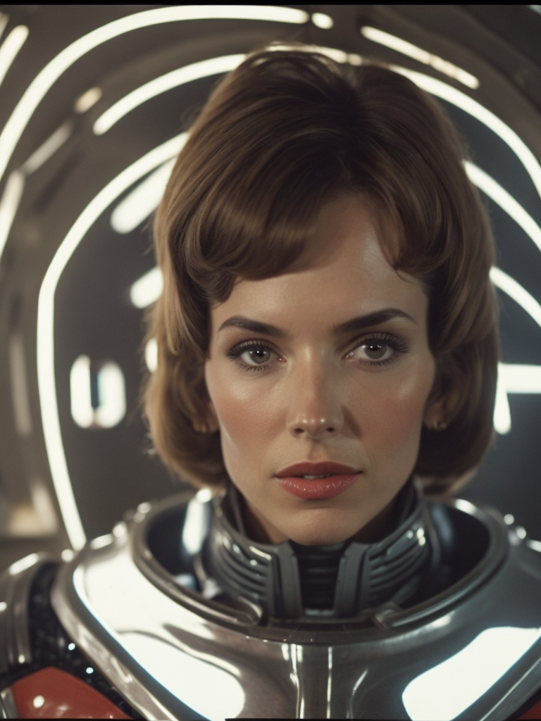 as a female cyborg, 70's sci fi, film grab, retrofuturistic, she's piloting a spaceship, 50mm, wide shot, fully body shot, Kodachrome, 1977, visible film grain