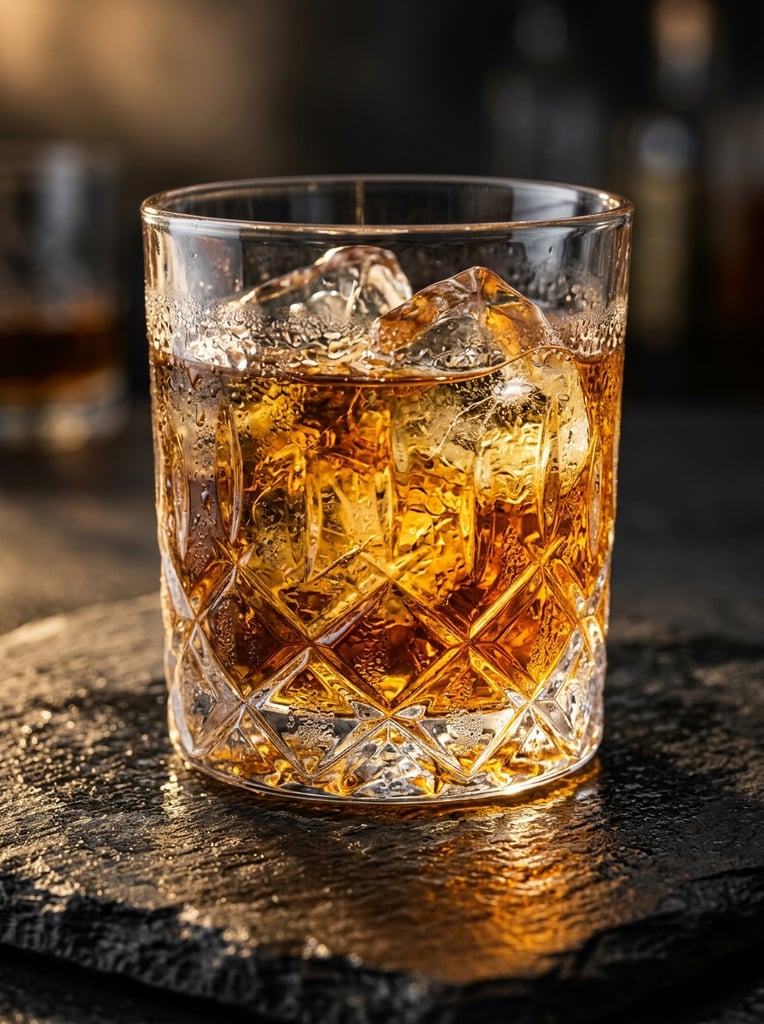 A heavy crystal tumbler filled with an amber spirit and fractured ice cubes rests on a textured charcoal stone surface. The lower half of the glass features an intricate diamond-cut pattern refracting the rich, golden-brown liquid. Crisp condensation droplets cling to the entire exterior. Dramatic directional studio lighting illuminates the beverage, creating a luminous internal glow that casts a warm amber reflection onto the rough slate foreground. The close-up macro composition uses a shallow depth of field, keeping the melting ice and faceted crystal in sharp focus against the softly blurred dark background.