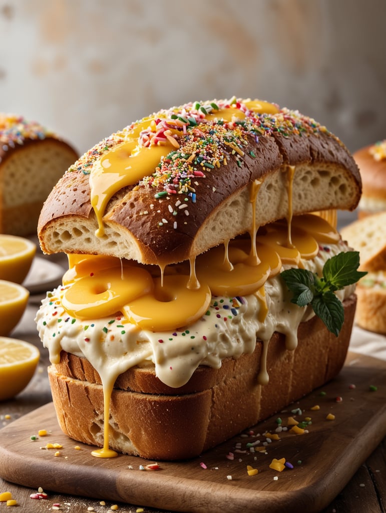 roti long john dengan toping meses dan keju yang melayang jatuh ke roti, shot dengan camera sony a7 mark iii, lensa leica f1.8 77mm, super resolusi