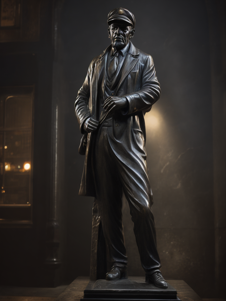 (((black marble statue))) of a english train worker, 1900, dark atmosphere, sharp on details