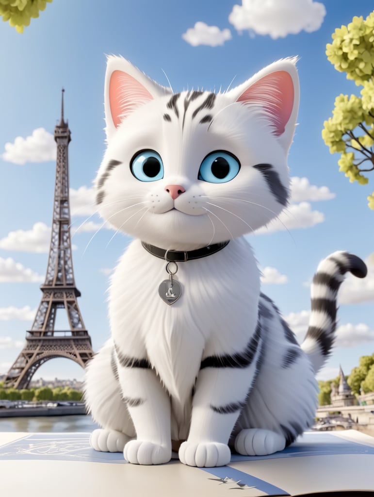 create black and white line art for a coloring book of a cat living in Paris view Eiffel Tower