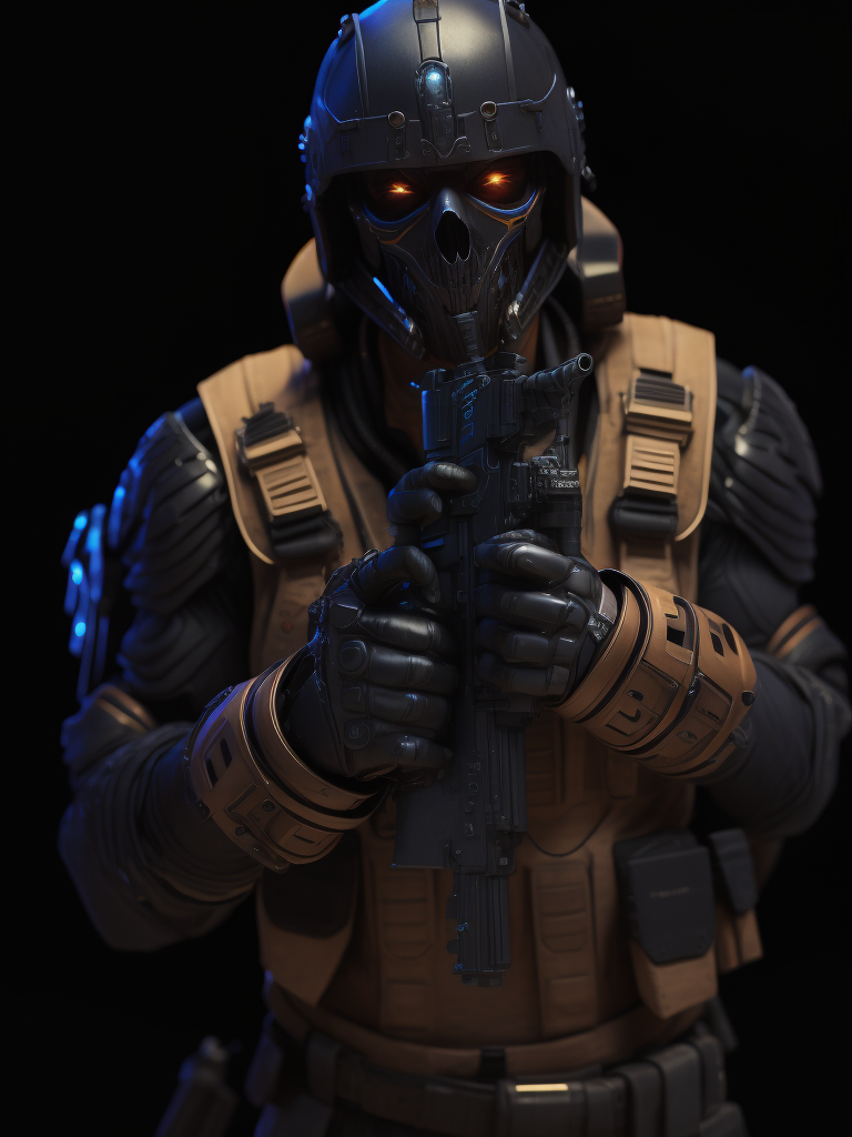 Ultra-detailed soldier from counter strike game in a base, with anthropomorphic cybernetic skeleton elements on metal armor, neon lights reflections, reflection mapping, intricate design and details, dramatic lighting, hyperrealism, photorealistic, cinematic, 8k --ar 9:16 --v 5
