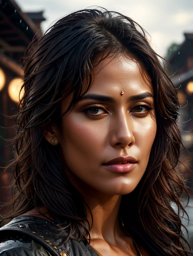 "beautifully demure Chitrangada Singh outside in the rain, dusky skin, big beautiful kohl eyes, wet dense black long hair, black eyes, alluring, revealing, blushing. Intricate details, HDR, beautifully shot, hyperrealistic, sharp focus, 64 megapixels, perfect composition, high contrast, cinematic, atmospheric, mid shot, photorealistic" "head and shoulders portrait, 8k resolution concept art portrait by Greg Rutkowski, Artgerm, Alphonse Mucha dynamic lighting hyperdetailed intricately detailed Splash art trending on Artstation triadic colors Unreal Engine 5 volumetric lighting, steampunk engine"