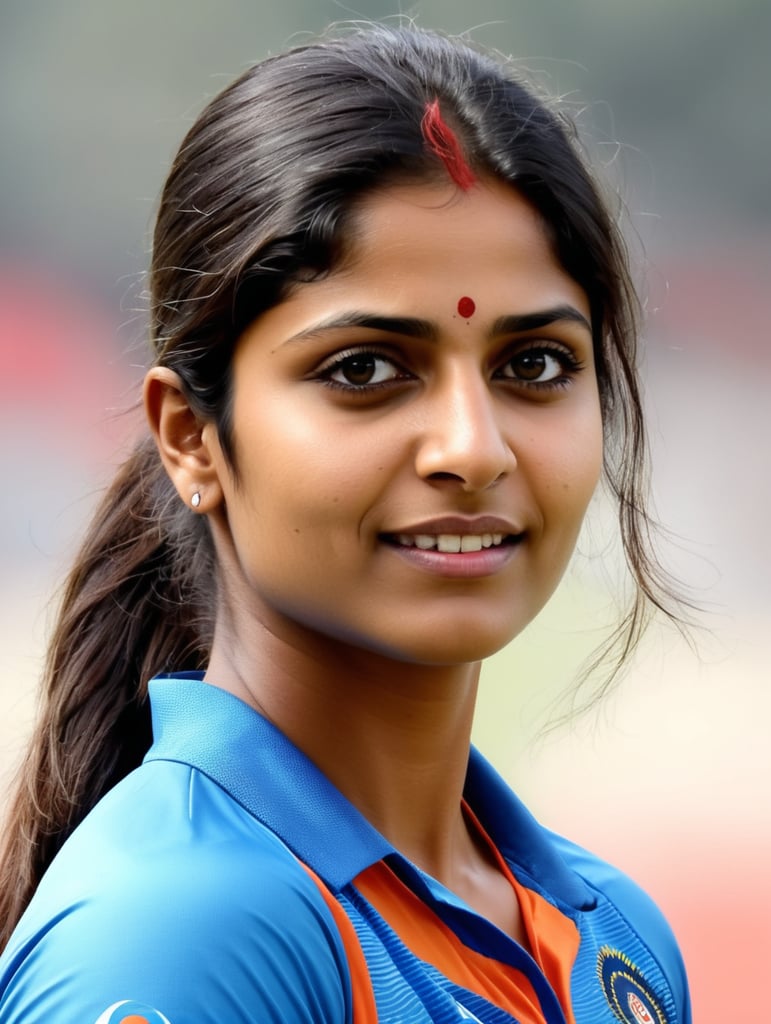 Mitali Raj, Indian cricketer - Abstract form, bold fast patch work colors, full patch colur work technique portrait side face, no make up, natural style of face & hair, no bindi