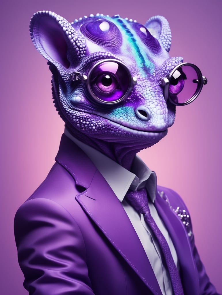 Purple chameleon in the style of clear neo-pop illustrations in stylish clothes, mysterious characters, bright close-up