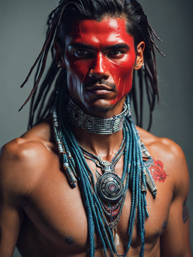 Native american warrior painted in red body paint with an amulet in his neck, highly detailed, digital painting, gradient background