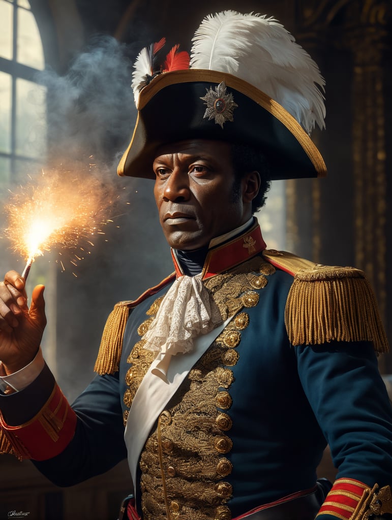 Toussaint louverture, haitian revolution general leader 1780's, facing camera, carne griffiths, wadim kashin, pascal blanche, rutkowski, repin. smoke, window, light rays, perfect anatomy, perfect face, perfect fingers, perfect composition, beautiful, detailed, intricate, octane render, 8k, soft natural light, chiaroscuro, masterpiece, award-winning, professional, anatomically correct, breathtaking, sharp focus, emitting diodes, smoke, sparks, artstation, detailed character design