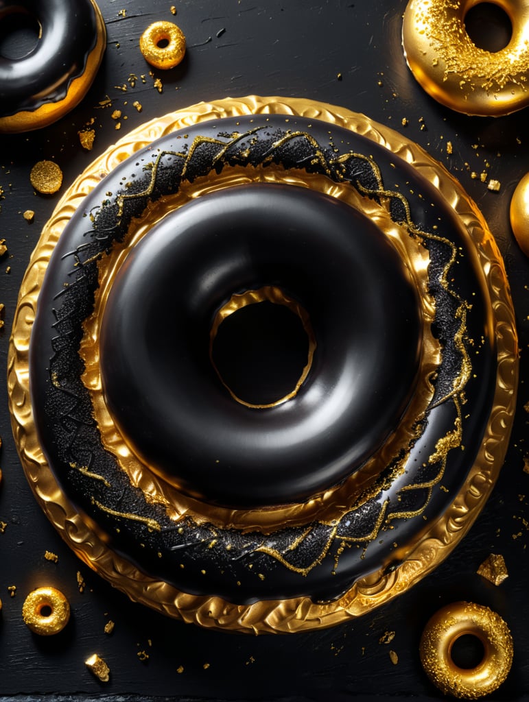черный пончик покрыт золотом лежит на черном столе, черная комната, слабое освещение