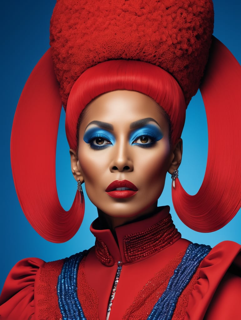 Donyale luna, avant-garde, simplygo, photoshoot spread, dressed in all red, blue background, harpers bizarre, cover, headshot, hyper realistic