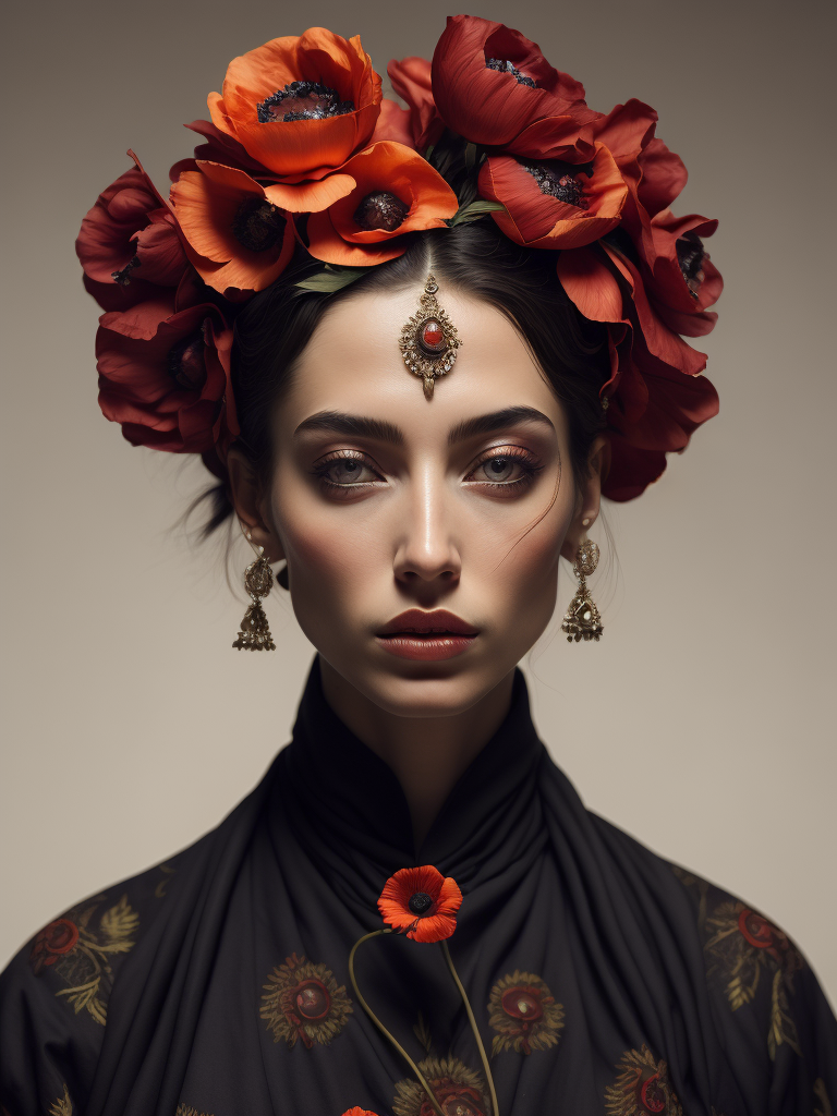 Giuseppe Scuderi, ultra-fine detailed painting of a woman with an opium poppy flower in her hair, a whimsical, detailed painting. A girl has cosmetic skin patches under her eyes