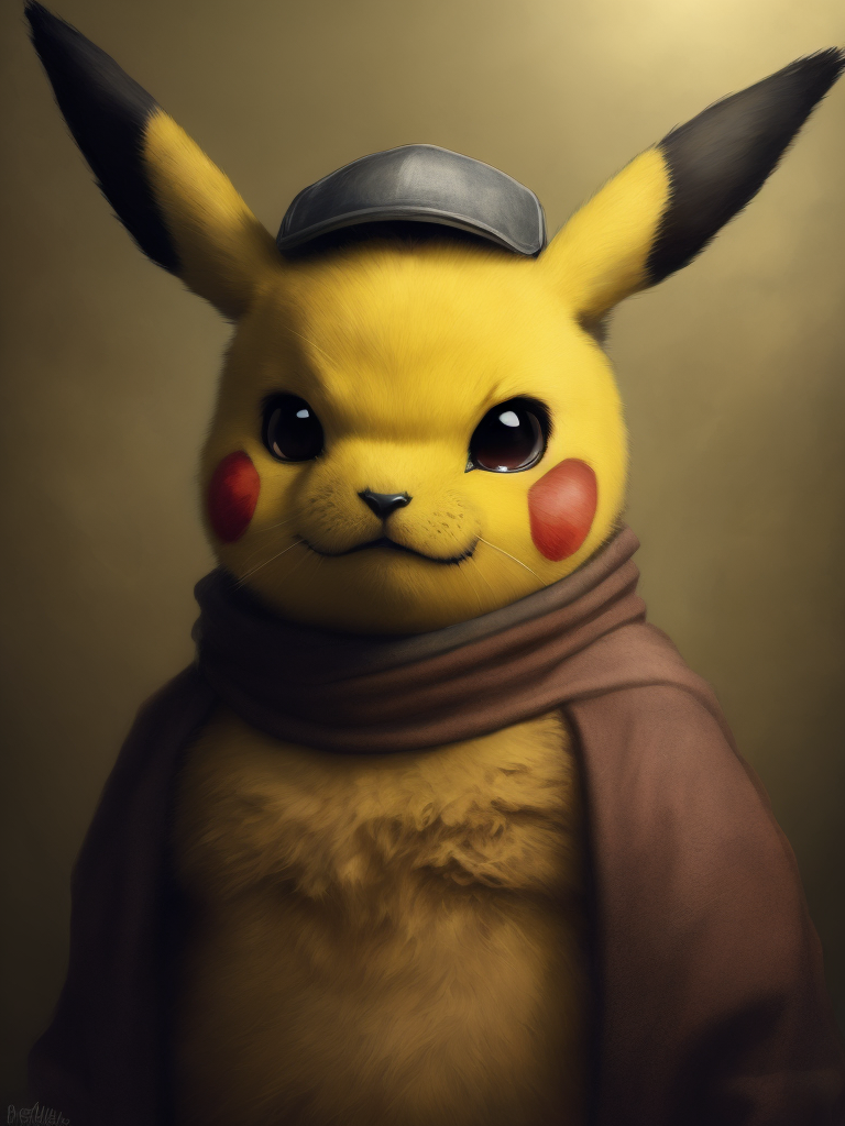 Portrait of pikachu, (style of Rembrandt), pokemon, Detailed image