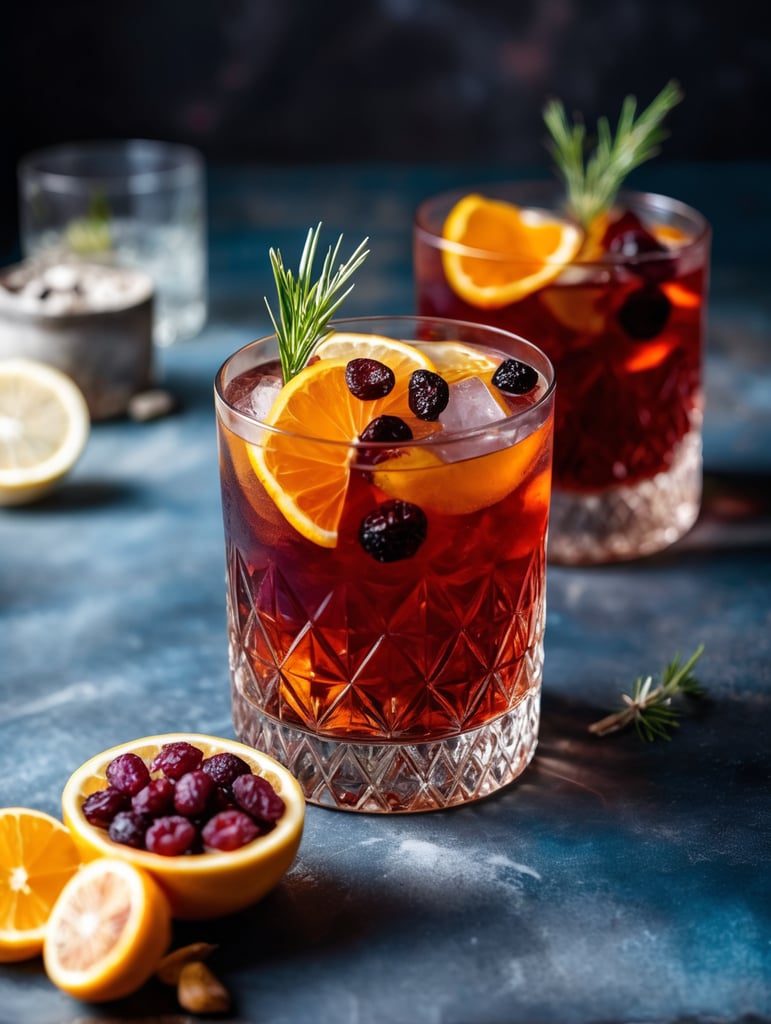 Gin cocktail with dried fruit slices, mood lighting