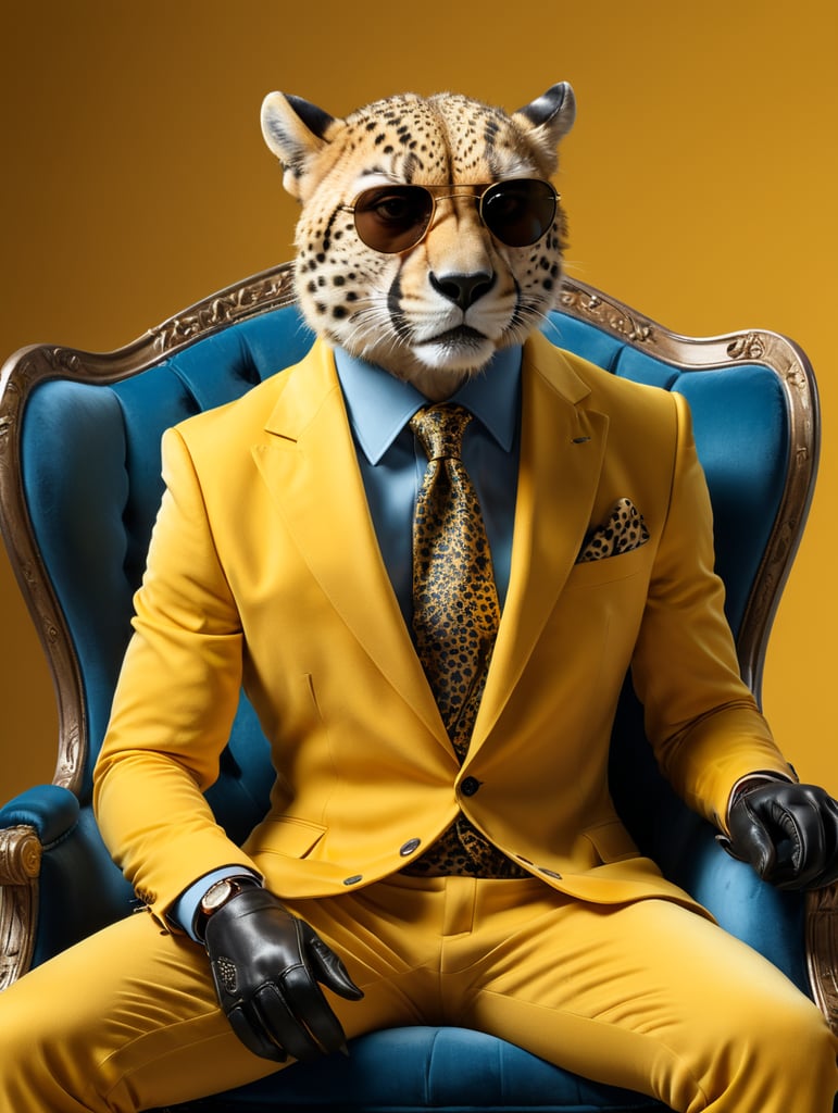 a sleek looking cheetah, sitting on a tufted blue velvet chair, bright yellow background, wearing an expensive suit, with very large dark sunglasses, hands in lap, full body with black shiny shoes, black leather gloves, black leather shoes, facing front, super crisp, photographic canon 80d, daylight, bold, fantastic