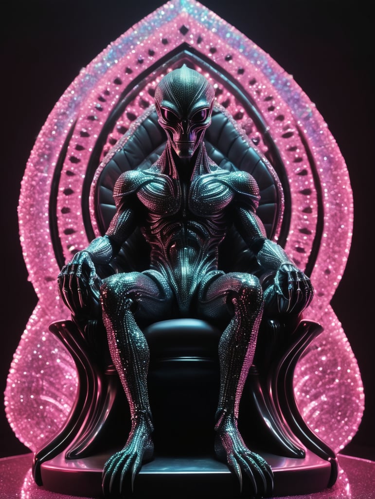Alien made of diamonds and glitter black neon light DMT throne