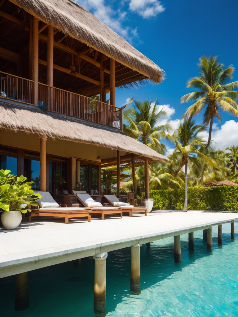 Over water villa in the maledives with the sun shining and some palms, Vibrant and rich colors, blue skies and azure oceans, photorealistic, contrast light, deep colors, Incredibly high detailed
