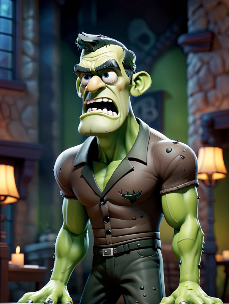 cartoon full body image of Boris Karloff as Frankenstein's Monster, Green Skin, muted color palette, atmospheric, creepy, intricate detail, reanimated corpse, scar tissue, decomposing, starring eyes, welcoming, bolts sticking out of sides of neck, gangrene, veins, mutilated, stitches across forehead, grilling food in a restaurant