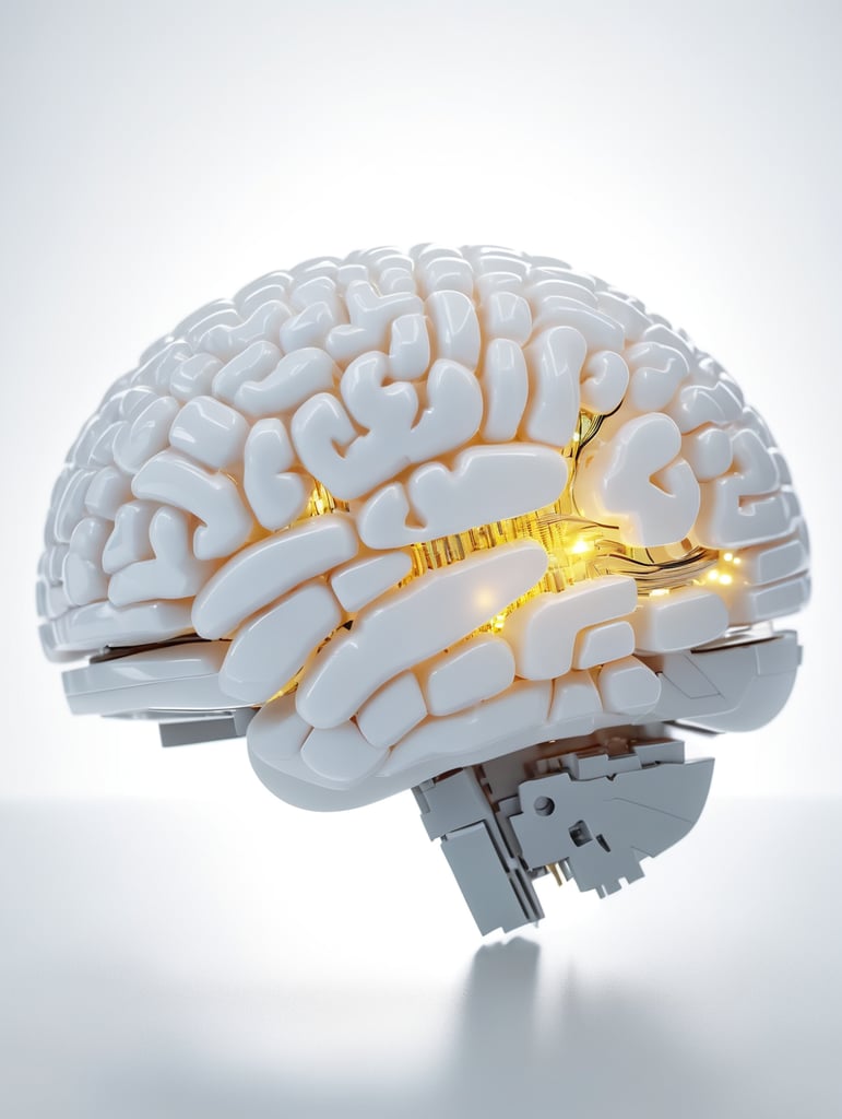 A brain made of polycarbonate with micro-chips and glowing led inside.