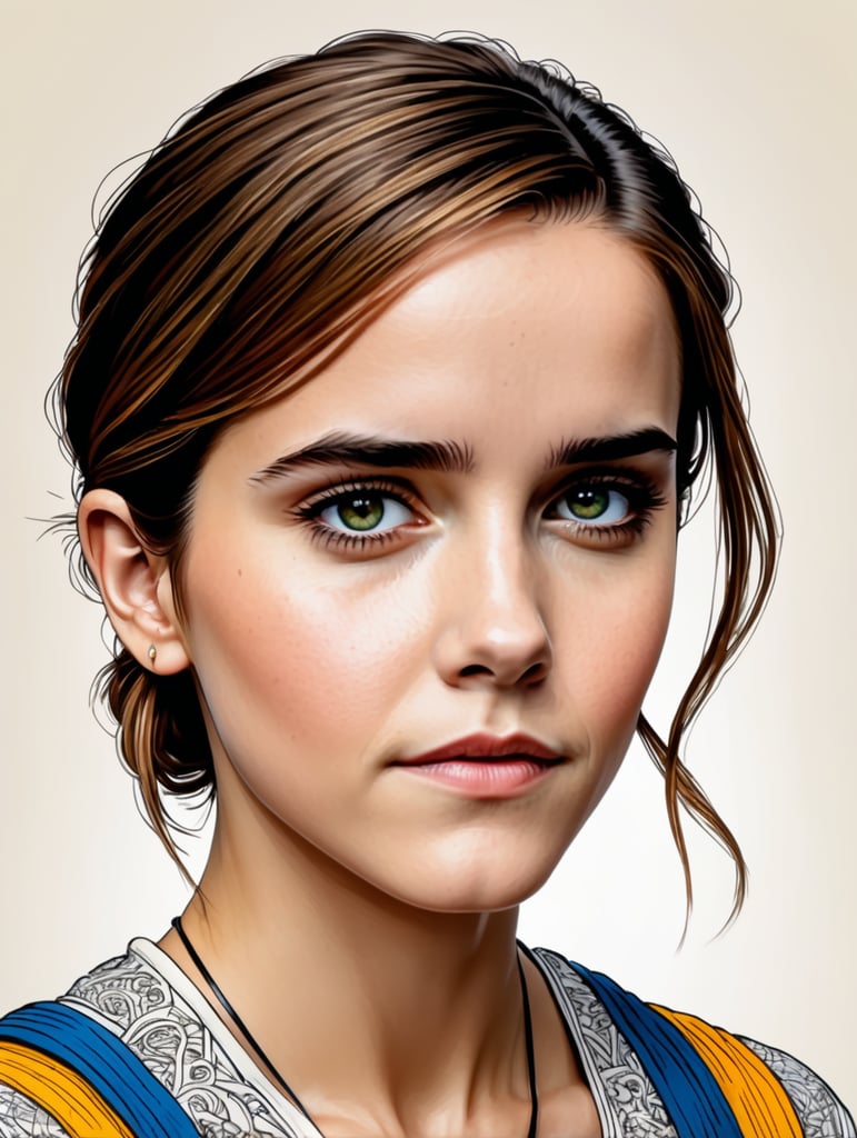 Detailed pen and ink illustration of Emma Watson, head only, detailed anthropology, minimalist background, by herge, in the style of tin-tin comics, colorful, detailed, high quality