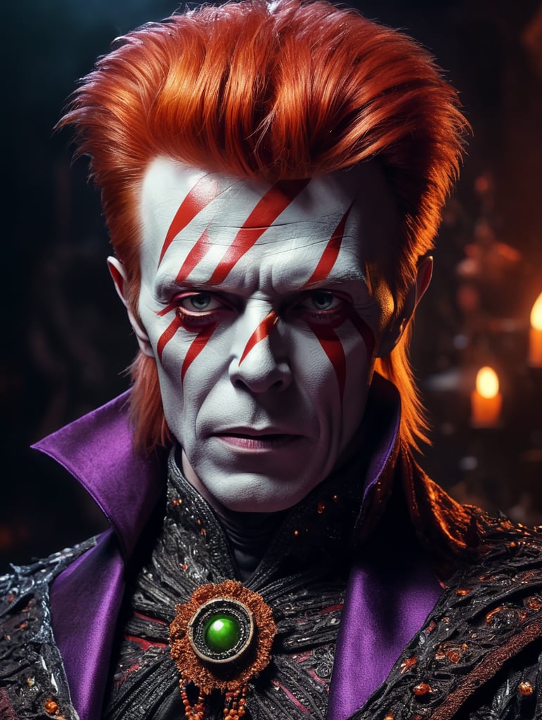 David Bowie as an evil character wearing spooky Halloween costume, Vivid saturated colors, Contrast color