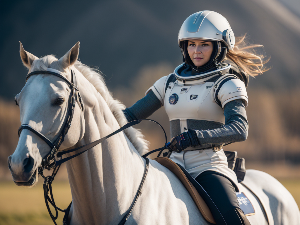 Women robot in white cosmonaut helmet is riding a white horse - robot on polo game in Alps