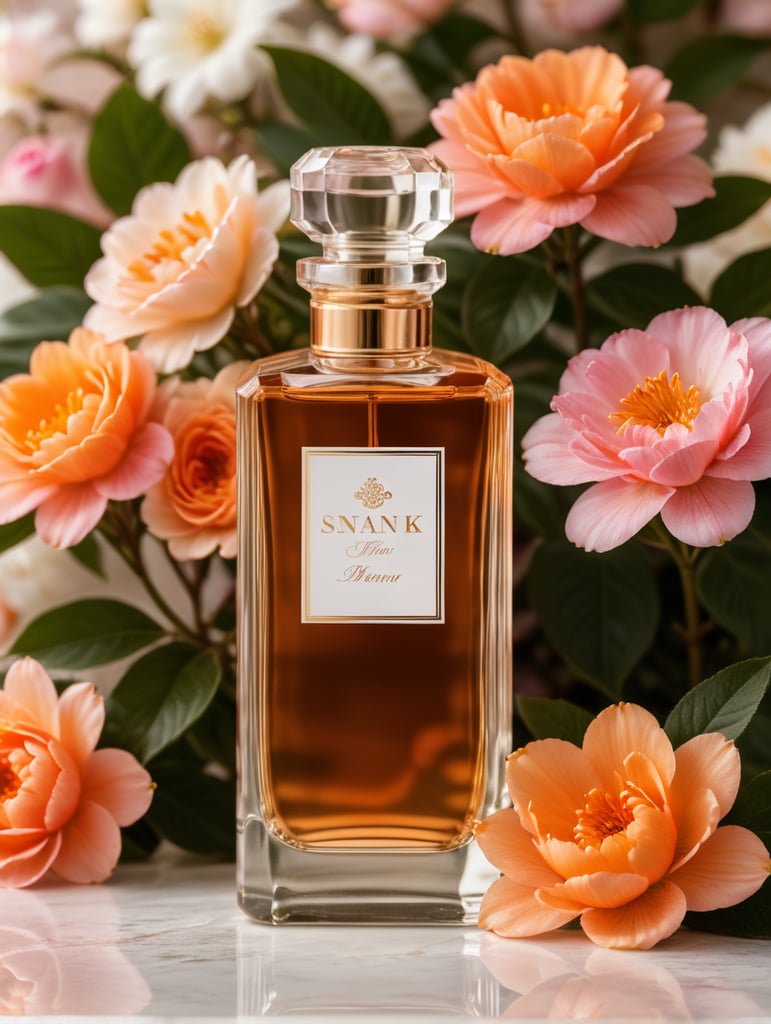 Luxury perfume bottle with blanc label, snak next to the bottle, floral background, pink and orange flowers
