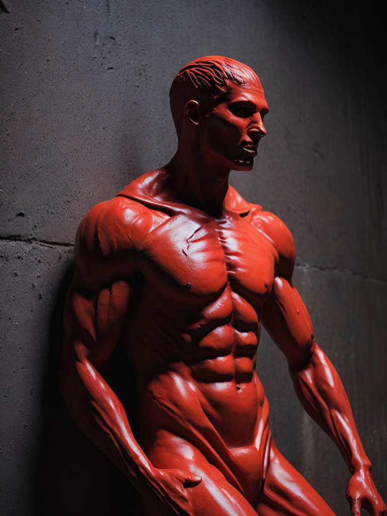 Red plastic statue of a man melting into the concrete concrete room dark and moody