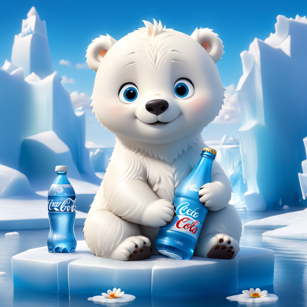 Eisbär Baby mit blauen Augen sitzt auf einer Eisscholle und trinkt aus einer Flasche Coca Cola. Hohe Eisberge im Hintergrund auf denen Blumen blühen. Strahlend blauer himmel mit kleinen weißen Wolken.