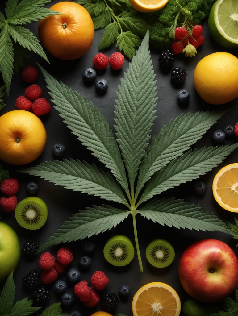 Photorealistic cannabis leaf with 7 leaves surrounded by exotic fruit, berries, and vegetables