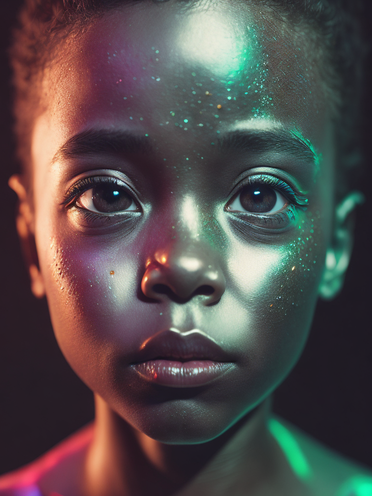 a hyper realistic image in 4K of a open eyed baby face that looks wears a second skin made of liquid metal glass on her face that shines in neon colors and melting away, similar to an instagram filter