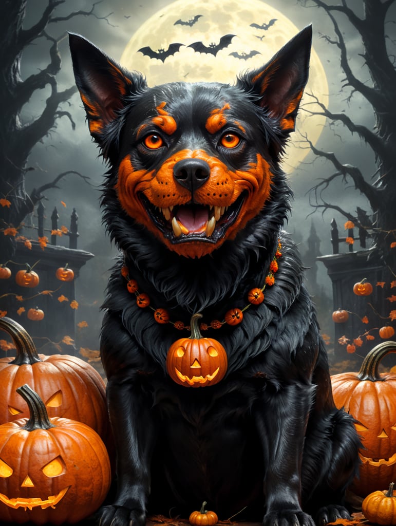 a black dog with Halloween pumpkin head, photorealistic illustration, scary, dark