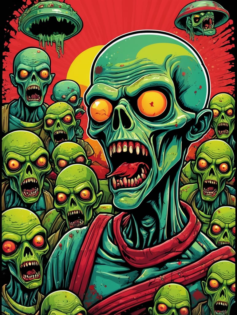 Pop art illustration, sticker, zombie aliens