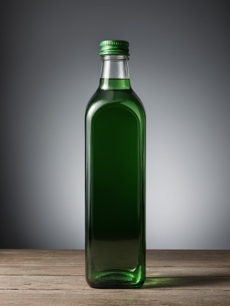 square Green glass bottle with mineral water mockup, no label, isolated, grey background