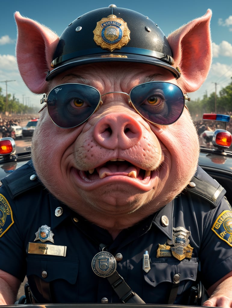 A angry pig police officer, sitting behind the wheel of a police car, close-up shot, sunglasses, clipart, stock photo