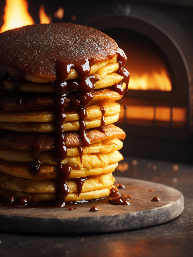 macro photo of a slice of delicious pan cake in front of a stone oven, fire oven, light it fire, food photography, close up, advertising photography, soft light, extremely detailed, beautiful, artistic, hyperrealistic, octane render, cinematic light, dramatic lights, masterpiace, light brazen