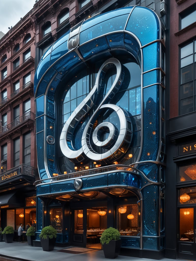 A futuristic neocosmic architectural facade of à Restaurant on the form of a musical note, in New York city, in blue glass, hyper realistic, hyper detailed, Nikon camera